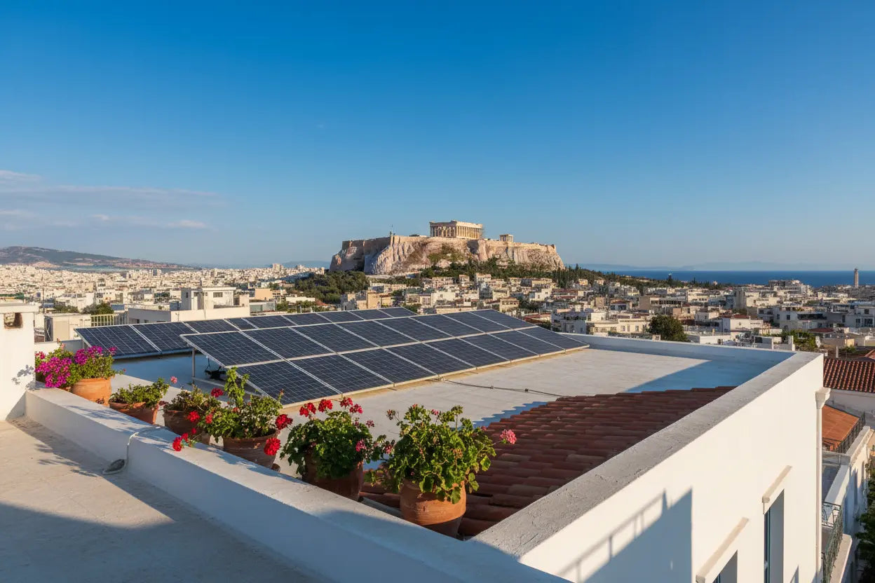 Αντιπροσωπευτική εικόνα φωτοβολταϊκών στην Αθήνα, με την Ακρόπολη στο φόντο.