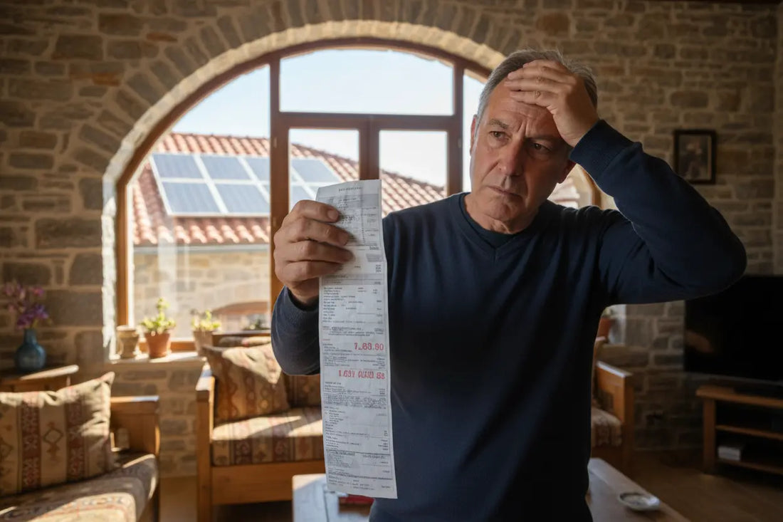 Άνθρωπος με υψηλό λογαριασμό ρεύματος - εξοικονόμηση με φωτοβολταϊκά 2026