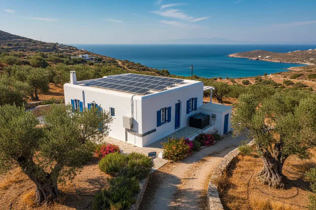 Αυτόνομο φωτοβολταϊκό σύστημα σε ελληνικό εξοχικό σπίτι με ελαιόδεντρα 2026 - Hellenic Energy